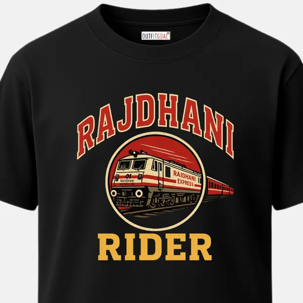 _Regular_Unisex_Black_Graphics_T-Shirt,_Red_rajdhani_express_art_in_badge_style_type_art_rajdhani_rider_|_TRAVEL_MODE