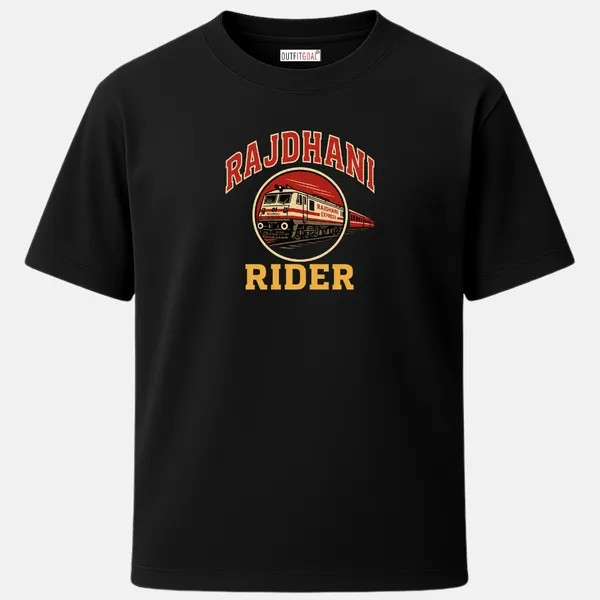 _Regular_Unisex_Black_Graphics_T-Shirt,_Red_rajdhani_express_art_in_badge_style_type_art_rajdhani_rider_|_TRAVEL_MODE