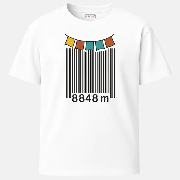 _Regular_Unisex_White_Graphics_T-Shirt,_Barcode_with_colorful_prayer_flags_and_8848_m_elevation_reference_|_TRAVEL_MODE