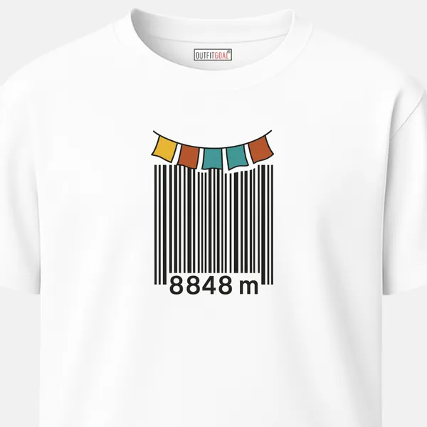 _Regular_Unisex_White_Graphics_T-Shirt,_Barcode_with_colorful_prayer_flags_and_8848_m_elevation_reference_|_TRAVEL_MODE