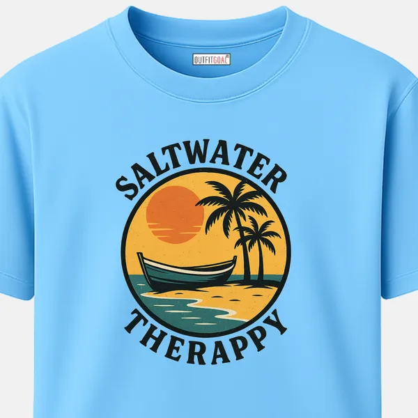 _Regular_Unisex_Sky_Graphics_T-Shirt,_Boat_on_sand_palm_sunset_text_saltwater_therapy_|_TRAVEL_MODE
