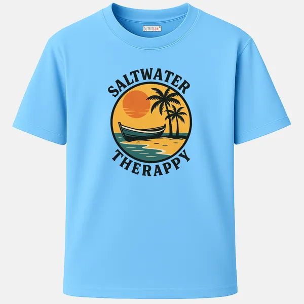_Regular_Unisex_Sky_Graphics_T-Shirt,_Boat_on_sand_palm_sunset_text_saltwater_therapy_|_TRAVEL_MODE