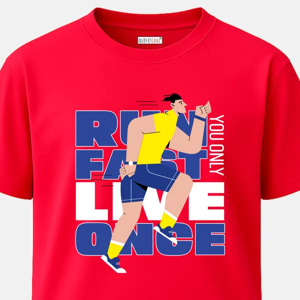 _Regular_Unisex_Red_Graphics_T-Shirt,_Cartoonish_athlete_running_with_text_run_fast_live_once_|_SPORTS_MODE