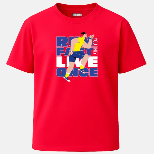 _Regular_Unisex_Red_Graphics_T-Shirt,_Cartoonish_athlete_running_with_text_run_fast_live_once_|_SPORTS_MODE