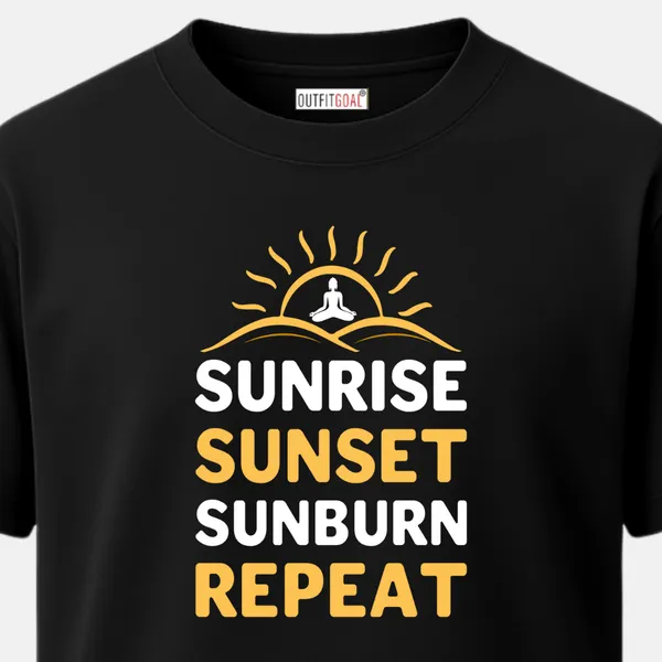 _Regular_Unisex_Black_Graphics_T-Shirt,_Minimalist_meditating_figure_inside_a_sun_outline_bold_stacked_text_sunrise_sunset_sunburn_repeat_|_SPORTS_MODE