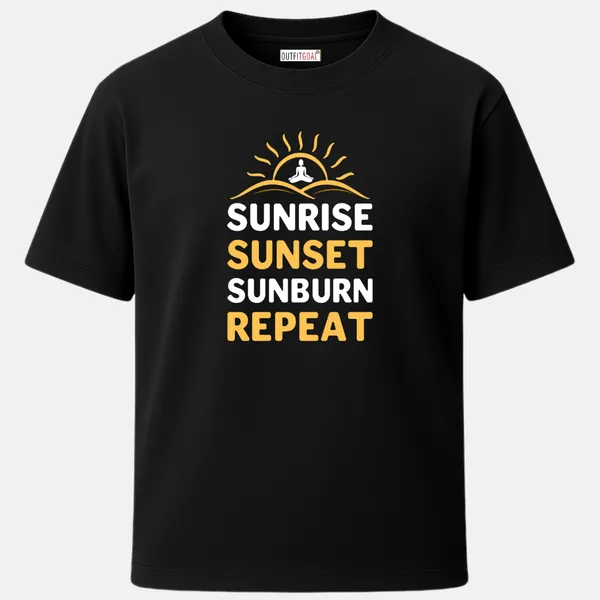 _Regular_Unisex_Black_Graphics_T-Shirt,_Minimalist_meditating_figure_inside_a_sun_outline_bold_stacked_text_sunrise_sunset_sunburn_repeat_|_SPORTS_MODE