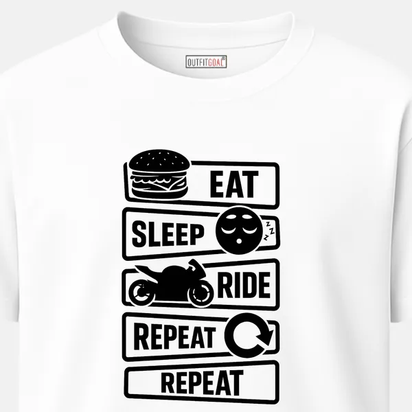 Outfitgoal_Regular_Unisex_White_Graphics_T-Shirt,_Black-white_minimalist_illustration_of_biker_with_line_text_promoting_the_freedom_of_motorcycling._|_TRAVEL_MODE