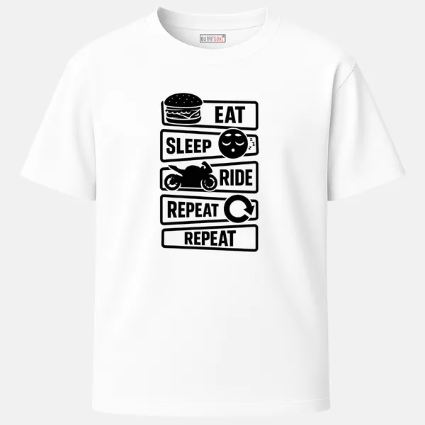 Outfitgoal_Regular_Unisex_White_Graphics_T-Shirt,_Black-white_minimalist_illustration_of_biker_with_line_text_promoting_the_freedom_of_motorcycling._|_TRAVEL_MODE