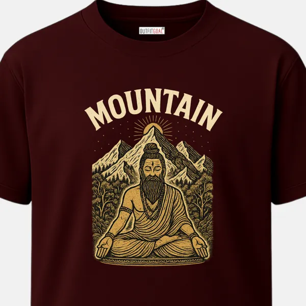 _Regular_Unisex_Maroon_Graphics_T-Shirt,_Meditating_sage_in_front_of_himalaya_style_mountains_golden_tones_mountain_text_|_TRAVEL_MODE