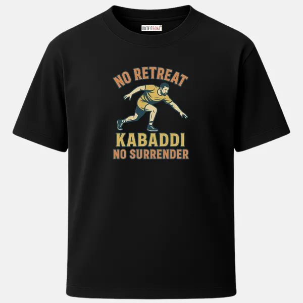 _Regular_Unisex_Black_Graphics_T-Shirt,_Determined_kabaddi_player_in_action_with_bold_vintage_type_art_no_retreat_no_surrender_kabaddi_|_SPORTS_MODE