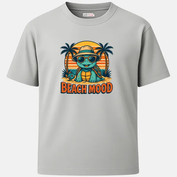 _Regular_Unisex_Grey_Graphics_T-Shirt,_Cartoon_turtle_in_sunglasses_hat_with_palms_fish_beach_mood_|_TRAVEL_MODE