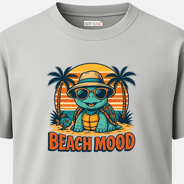 _Regular_Unisex_Grey_Graphics_T-Shirt,_Cartoon_turtle_in_sunglasses_hat_with_palms_fish_beach_mood_|_TRAVEL_MODE