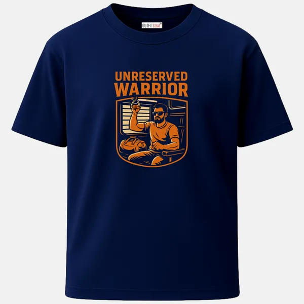 _Regular_Unisex_Navy_Graphics_T-Shirt,_Passenger_holding_handle_in_crowded_coach_text_unreserved_warrior_|_TRAVEL_MODE
