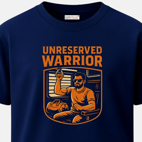 _Regular_Unisex_Navy_Graphics_T-Shirt,_Passenger_holding_handle_in_crowded_coach_text_unreserved_warrior_|_TRAVEL_MODE