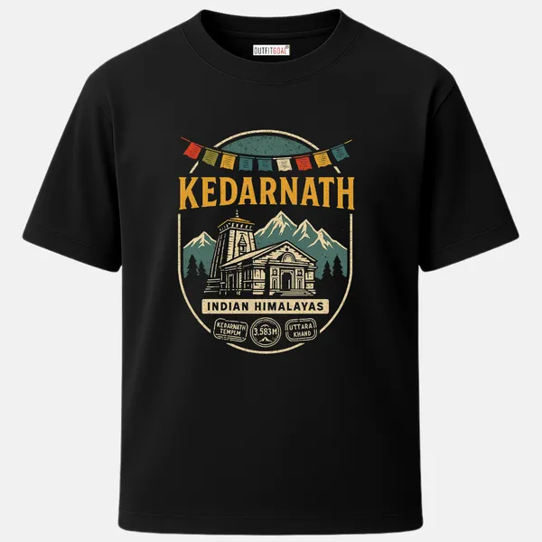 _Regular_Unisex_Black_Graphics_T-Shirt,_Badge_style_temple_design_with_prayer_flags_indian_himalayas_altitude_marks_|_TRAVEL_MODE