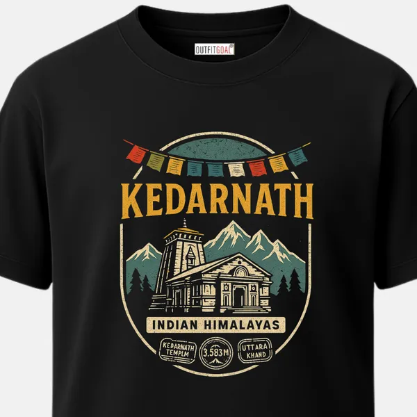_Regular_Unisex_Black_Graphics_T-Shirt,_Badge_style_temple_design_with_prayer_flags_indian_himalayas_altitude_marks_|_TRAVEL_MODE