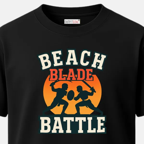 _Regular_Unisex_Black_Graphics_T-Shirt,_Two_warriors_dueling_with_sword_and_shield_under_sunset_backdrop_text_beach_blade_battle_|_SPORTS_MODE