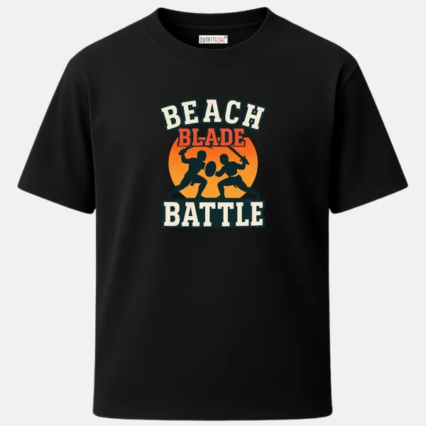 _Regular_Unisex_Black_Graphics_T-Shirt,_Two_warriors_dueling_with_sword_and_shield_under_sunset_backdrop_text_beach_blade_battle_|_SPORTS_MODE