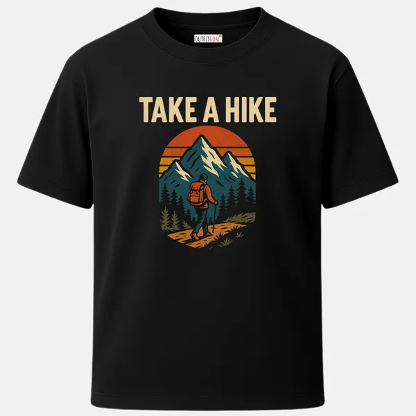 _Regular_Unisex_Navy_Graphics_T-Shirt,_Hiker_with_backpack_walking_toward_snowy_peaks_text_take_a_hike_|_TRAVEL_MODE