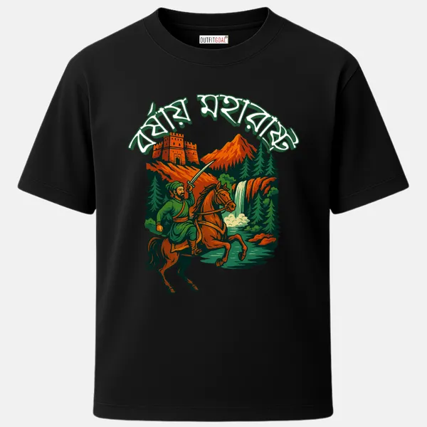 _Regular_Unisex_Black_Graphics_T-Shirt,_Maratha_warrior_on_horse_with_sword_fort_in_background_waterfall_bengali_text_|_TRAVEL_MODE