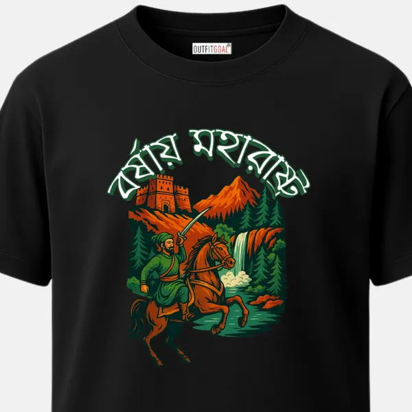 _Regular_Unisex_Black_Graphics_T-Shirt,_Maratha_warrior_on_horse_with_sword_fort_in_background_waterfall_bengali_text_|_TRAVEL_MODE