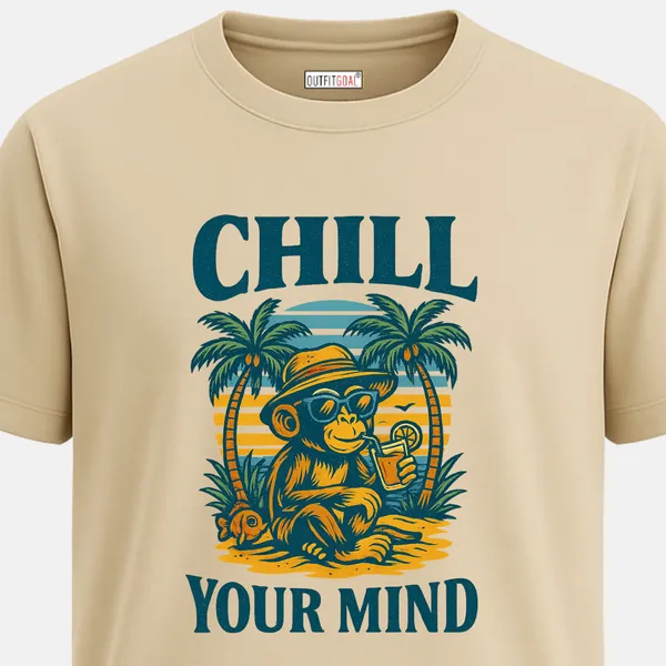 _Regular_Unisex_Beige_Graphics_T-Shirt,_Cool_monkey_with_hat_drink_under_palms_text_chill_your_mind_|_TRAVEL_MODE