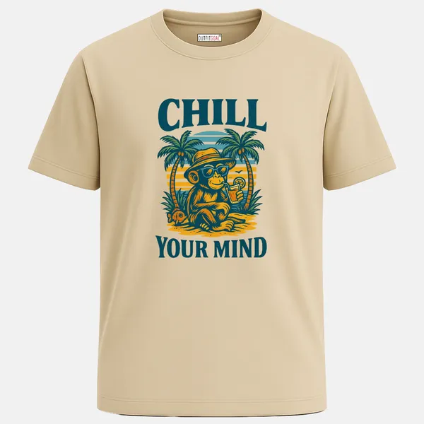 _Regular_Unisex_Beige_Graphics_T-Shirt,_Cool_monkey_with_hat_drink_under_palms_text_chill_your_mind_|_TRAVEL_MODE
