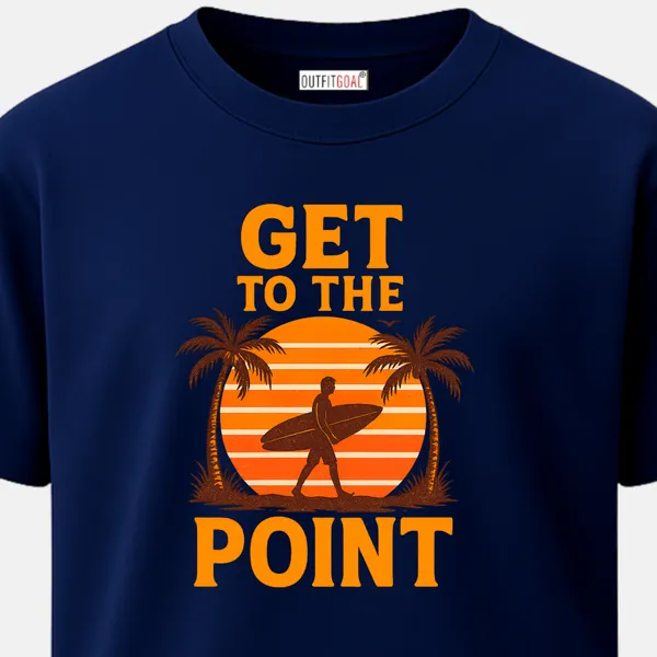 _Regular_Unisex_Navy_Graphics_T-Shirt,_Surfer_with_board_palms_sunset_stripes_type_art_get_to_the_point_|_TRAVEL_MODE