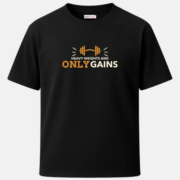 _Regular_Unisex_Black_Graphics_T-Shirt,_Dumbbell_bar_slogan_heavy_weights_and_only_gains_|_SPORTS_MODE
