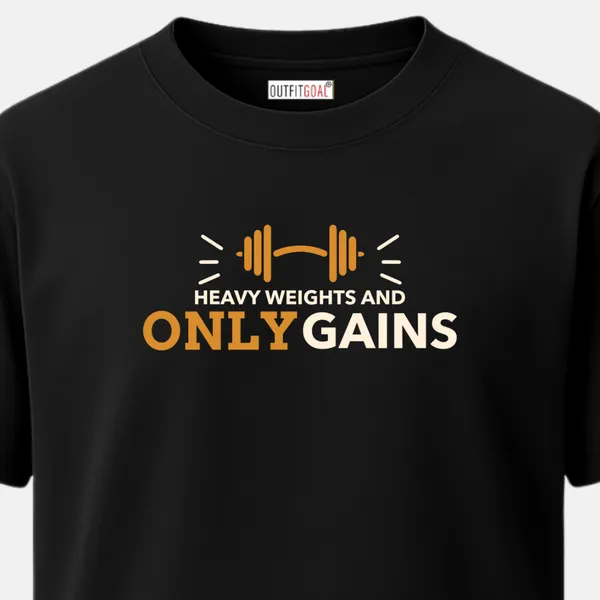 _Regular_Unisex_Black_Graphics_T-Shirt,_Dumbbell_bar_slogan_heavy_weights_and_only_gains_|_SPORTS_MODE