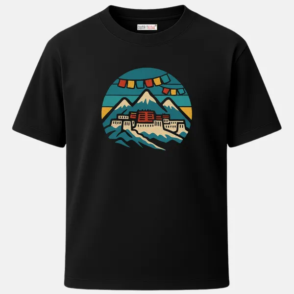 _Regular_Unisex_Black_Graphics_T-Shirt,_Stylized_potala_palace_with_colorful_prayer_flags_and_himalayan_backdrop_|_TRAVEL_MODE