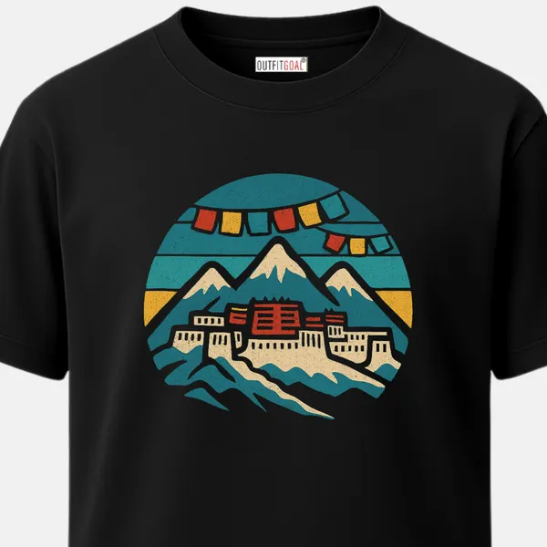 _Regular_Unisex_Black_Graphics_T-Shirt,_Stylized_potala_palace_with_colorful_prayer_flags_and_himalayan_backdrop_|_TRAVEL_MODE