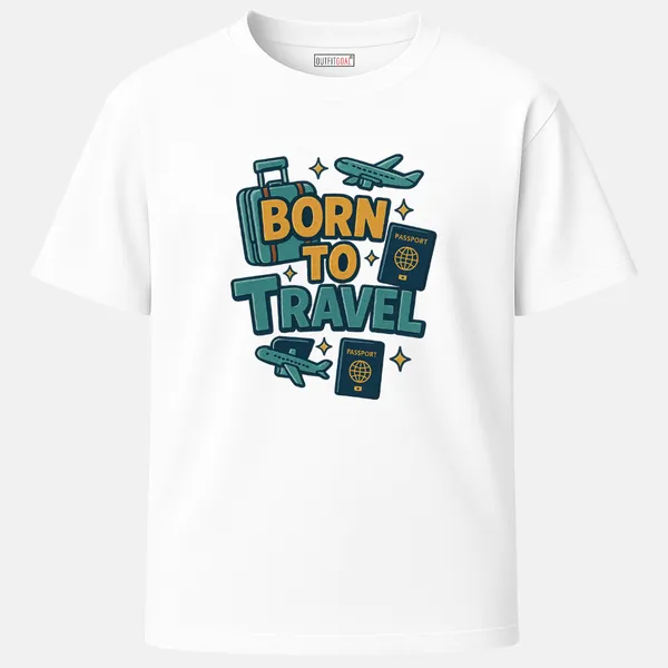_Regular_Unisex_White_Graphics_T-Shirt,_Travel_icons_suitcase_passport_planes_text_born_to_travel_|_TRAVEL_MODE
