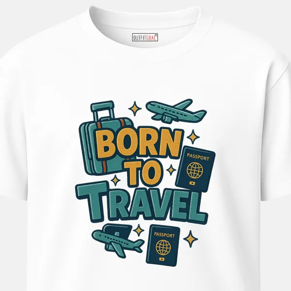 _Regular_Unisex_White_Graphics_T-Shirt,_Travel_icons_suitcase_passport_planes_text_born_to_travel_|_TRAVEL_MODE