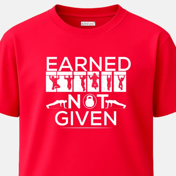 _Regular_Unisex_Red_Graphics_T-Shirt,_Text_earned_not_given_with_kettlebell_planks_icons_|_SPORTS_MODE