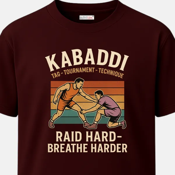 _Regular_Unisex_Maroon_Graphics_T-Shirt,_Two_kabaddi_players_mid_match_with_retro_stripes_background_text_raid_hard_breathe_harder_|_SPORTS_MODE