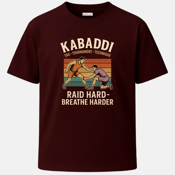 _Regular_Unisex_Maroon_Graphics_T-Shirt,_Two_kabaddi_players_mid_match_with_retro_stripes_background_text_raid_hard_breathe_harder_|_SPORTS_MODE