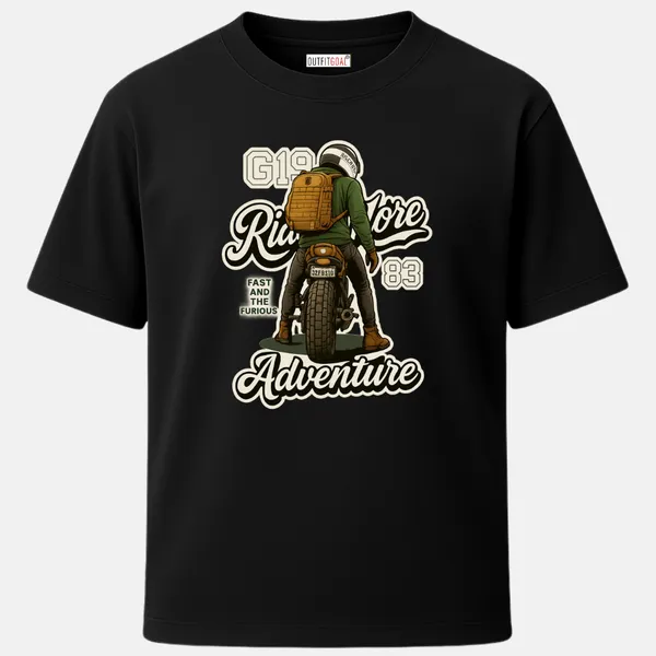 Outfitgoal_Regular_Unisex_Black_Graphics_T-Shirt,_Rear_view_traveler_on_loaded_bike_surrounded_by_script_Ride_More_Adventure_and_racing_badges._|_TRAVEL_MODE