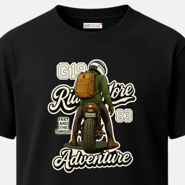Outfitgoal_Regular_Unisex_Black_Graphics_T-Shirt,_Rear_view_traveler_on_loaded_bike_surrounded_by_script_Ride_More_Adventure_and_racing_badges._|_TRAVEL_MODE