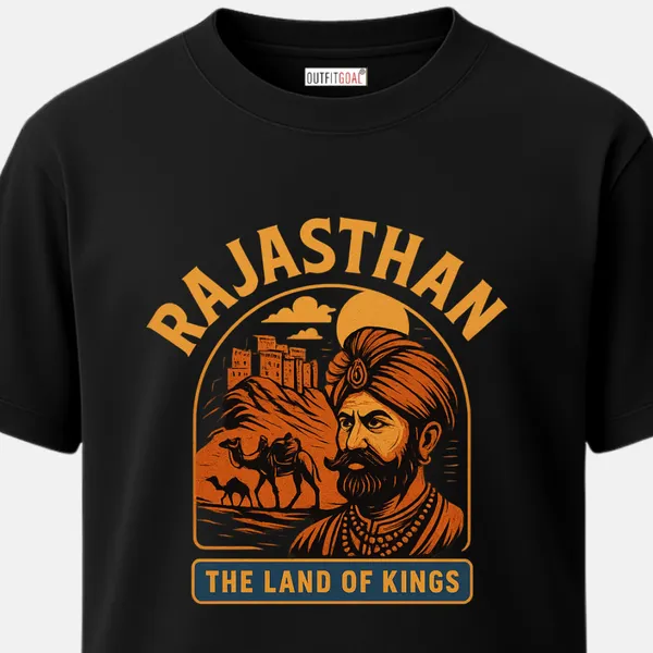 _Regular_Unisex_Black_Graphics_T-Shirt,_Portrait_of_a_rajasthani_king_with_camels_fortress_backdrop_bold_text_|_TRAVEL_MODE