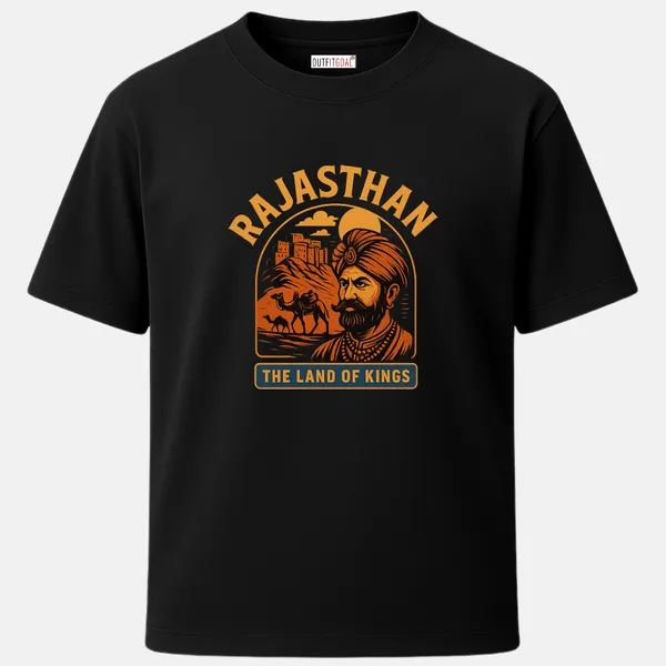 _Regular_Unisex_Black_Graphics_T-Shirt,_Portrait_of_a_rajasthani_king_with_camels_fortress_backdrop_bold_text_|_TRAVEL_MODE