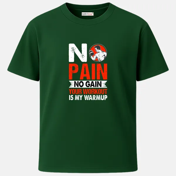 _Regular_Unisex_Bottle_Green_Graphics_T-Shirt,_Bodybuilder_curl_icon_with_red_white_type_art_no_pain_no_gain_your_workout_is_my_warmup_|_SPORTS_MODE