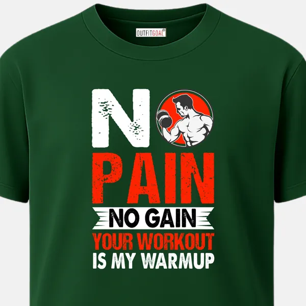 _Regular_Unisex_Bottle_Green_Graphics_T-Shirt,_Bodybuilder_curl_icon_with_red_white_type_art_no_pain_no_gain_your_workout_is_my_warmup_|_SPORTS_MODE