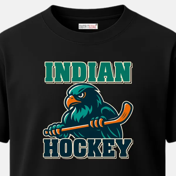 _Regular_Unisex_Black_Graphics_T-Shirt,_Aggressive_eagle_holding_hockey_stick_text_indian_hockey_|_SPORTS_MODE