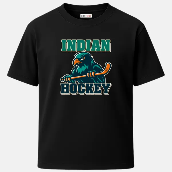 _Regular_Unisex_Black_Graphics_T-Shirt,_Aggressive_eagle_holding_hockey_stick_text_indian_hockey_|_SPORTS_MODE