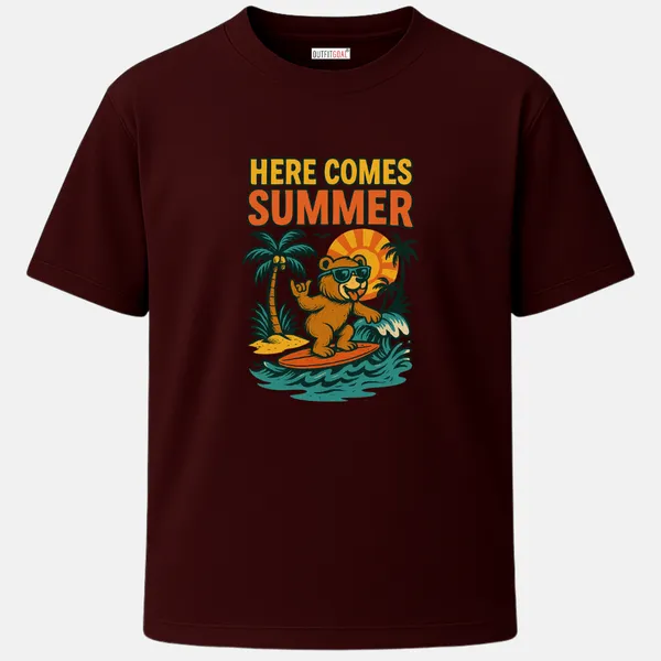 _Regular_Unisex_Maroon_Graphics_T-Shirt,_Cartoon_bear_surfing_with_sunglasses_palm_sunset_text_here_comes_summer_|_TRAVEL_MODE