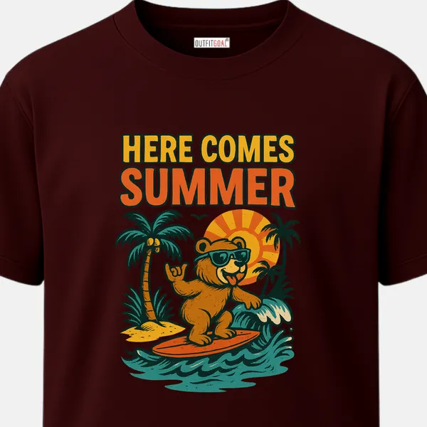 _Regular_Unisex_Maroon_Graphics_T-Shirt,_Cartoon_bear_surfing_with_sunglasses_palm_sunset_text_here_comes_summer_|_TRAVEL_MODE