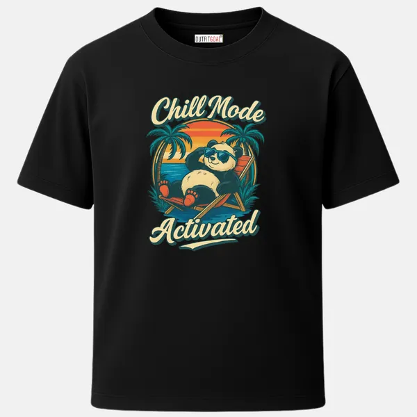 _Regular_Unisex_Black_Graphics_T-Shirt,_Panda_lounging_on_chair_sunglasses_sunset_palms_text_chill_mode_activated_|_TRAVEL_MODE
