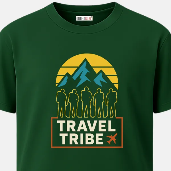 _Regular_Unisex_Bottle_Green_Graphics_T-Shirt,_Silhouettes_of_hikers_yellow_sun_blue_mountains_travel_tribe_text_|_TRAVEL_MODE