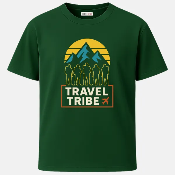_Regular_Unisex_Bottle_Green_Graphics_T-Shirt,_Silhouettes_of_hikers_yellow_sun_blue_mountains_travel_tribe_text_|_TRAVEL_MODE